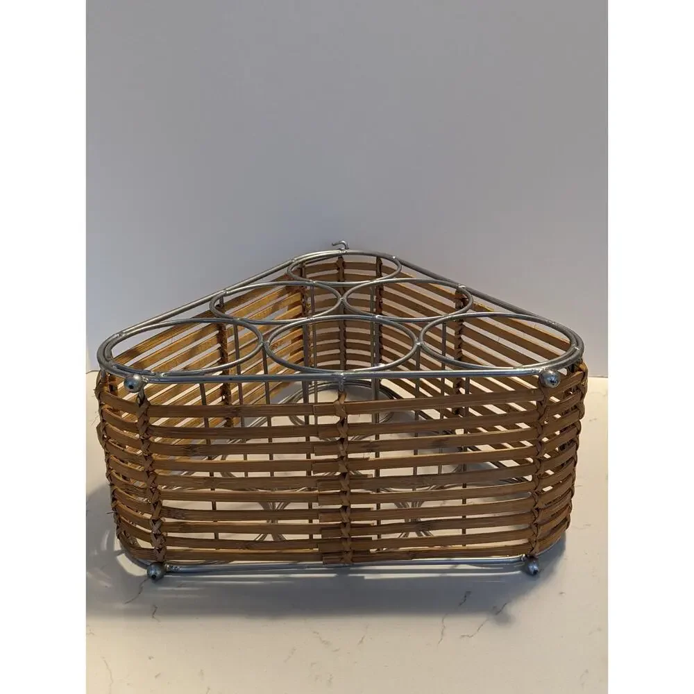 Wine Rack Wicker Bamboo Ratan Metal W/Handle Boho Modern Hippie Natural Earthy